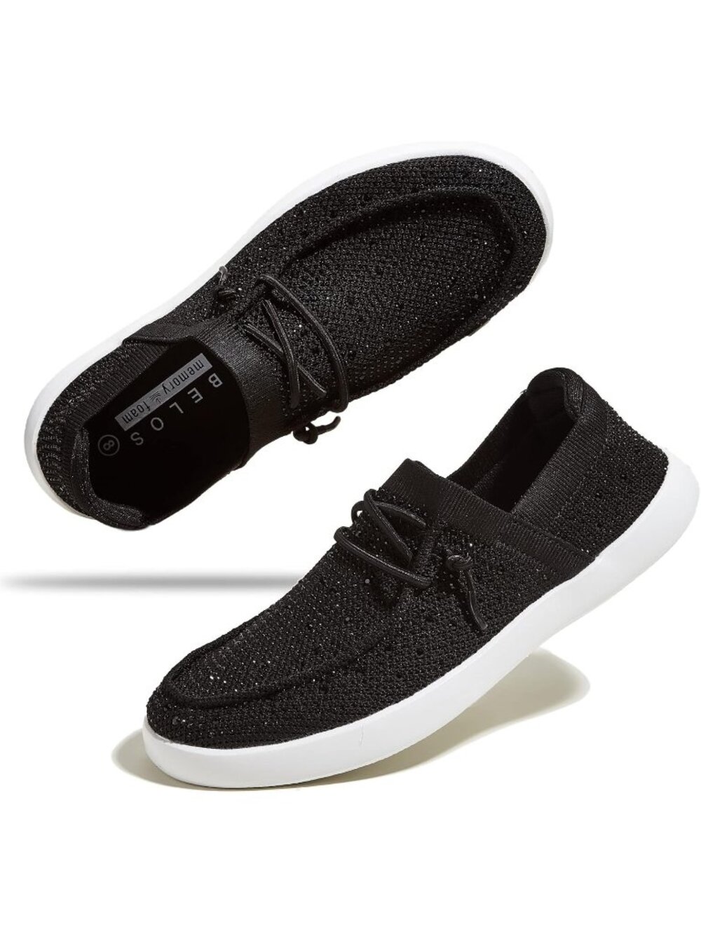 Women's Black Comfortable Sparkly Rhinestone Lace Up Glitter Walking Sneaker